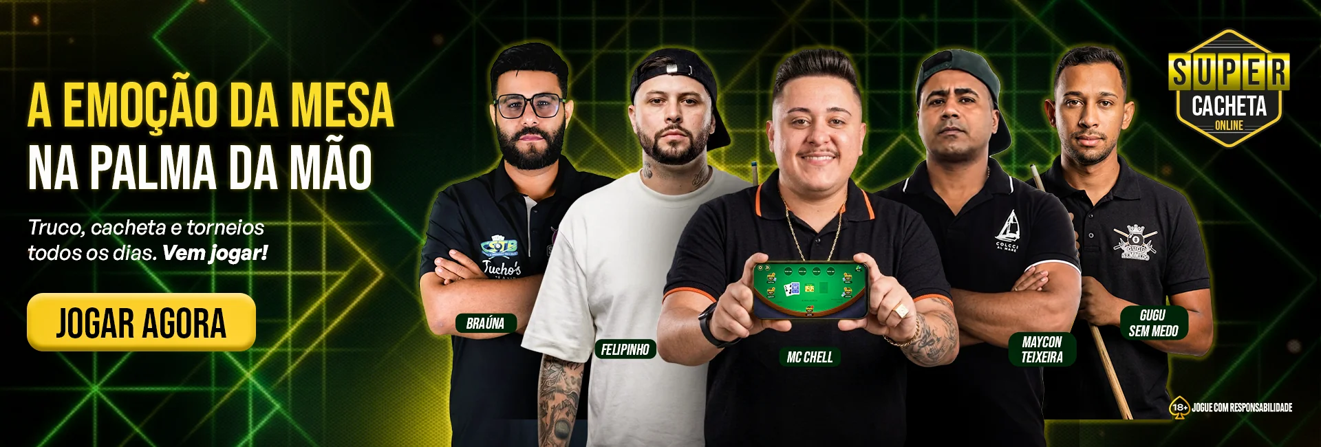Banner promocional do Super Cacheta Online com quatro influenciadores e chamada "A emoção da mesa na palma da mão"