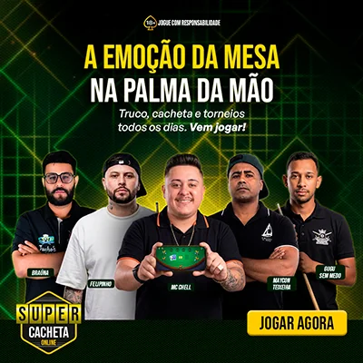 Banner promocional do Super Cacheta Online com quatro influenciadores